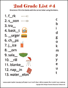 2nd Grade Spelling Worksheet for List #