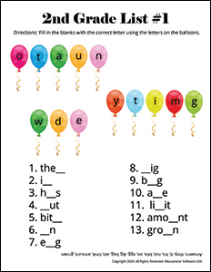 2nd Grade Spelling Worksheet for List #1