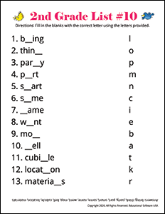 2nd Grade Spelling Worksheet for List #10