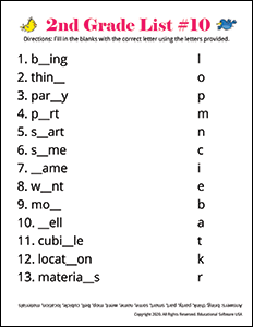 2nd grade spelling homework