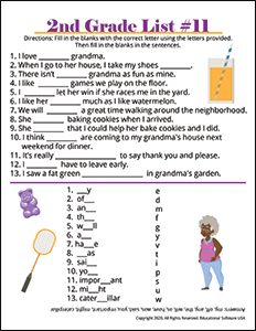 2nd Grade Spelling Worksheet for List #11