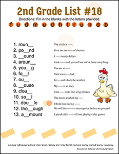 2nd Grade Spelling Worksheet for List #18