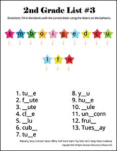 2nd Grade Spelling Worksheet for List #3
