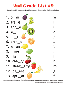 2nd Grade Spelling Worksheet for List #9