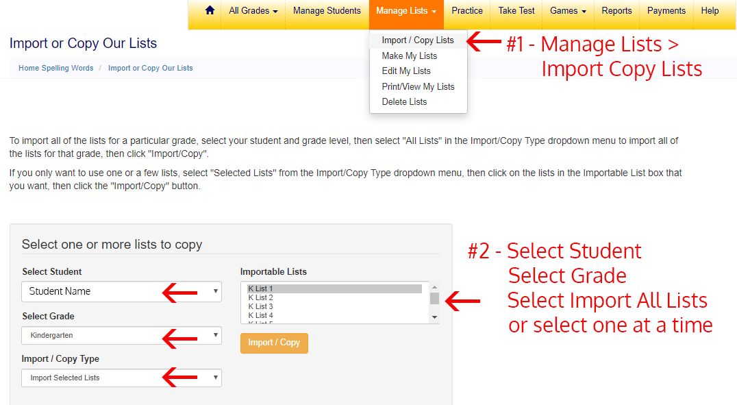 how to import spelling lists on Home Spelling Words