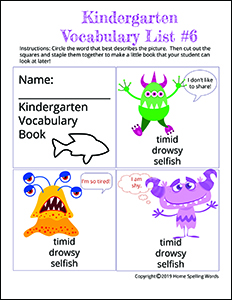 Kindergarten Vocabulary List #6